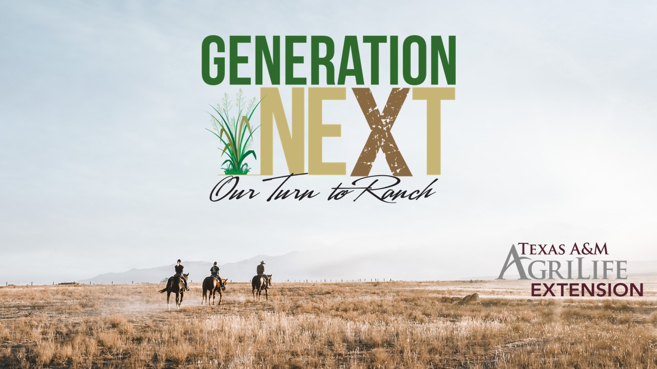 Horse riders on a ranch with Generation Next Our Turn to Ranch and AgriLife Extension logos